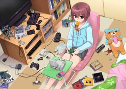 Rule 34 | 00s, 1girl, axelay, brown hair, cable, chair, controller, eating, eva 02, from above, game boy, game boy (original), game console, game controller, gamepad, gamest, gundam, handheld game console, highres, hood, hoodie, indoors, jacket, jehuty, legs, mecha, messy room, monster energy, mouth hold, neo geo pocket color, neon genesis evangelion, original, otaku, pc engine, philosoma, playstation 1, playstation 2, purple eyes, ridge racer type 4, rilakkuma, robot, screen, sega game gear, sega mega drive, shelf, short hair, sitting, solo, super famicom, super r-type, television, toy, valkyrie profile (series), video game, vuccha, wire, xbox 360, zone of the enders