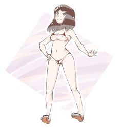 Rule 34 | 10s, 1girl, artist request, bikini, breasts, brown eyes, brown hair, drawfag, female focus, full body, gatchaman crowds, ichinose hajime, large breasts, long hair, micro bikini, partially visible vulva, smile, solo, source request, swimsuit, underboob, white background