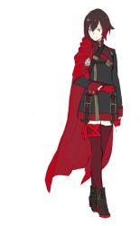 Rule 34 | 1girl, alternate costume, ankle boots, bandaged arm, bandages, belt, belt boots, boots, cape aside, grey eyes, hayami ritsu, high heel boots, high heels, highres, long sleeves, red hair, red thighhighs, ruby rose, rwby, short shorts, shorts, smile, solo, thighhighs