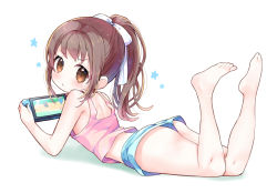 Rule 34 | 1girl, amimi, ass, barefoot, blue shorts, brown eyes, brown hair, commentary request, feet, feet up, from behind, legs, long hair, looking at viewer, looking back, lying, nintendo switch, on stomach, original, pink tank top, playing games, ponytail, ribbon, short shorts, shorts, simple background, solo, tank top, thighs, toes, white background