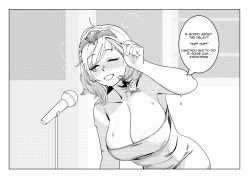 Rule 34 | 1girl, afterglow, bare shoulders, blush, breasts, cleavage, dress, english text, hololive, large breasts, medium hair, microphone stand, monochrome, no bra, nose blush, pomki, screentones, shirogane noel, sleeveless, sleeveless dress, solo, strapless, strapless dress, sweat, tiara