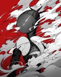 Rule 34 | 1girl, bare shoulders, bomb, breasts, chainsaw man, cleavage, commentary request, demon girl, detached sleeves, dress, dust cloud, explosive, halterneck, highres, medium breasts, multiple monochrome, nay akane, red background, reze (chainsaw man), sideboob, simple background, solo, upper body