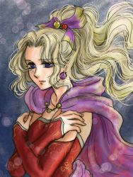 Rule 34 | 1girl, bare shoulders, blonde hair, blue eyes, breasts, cape, closed mouth, detached sleeves, dress, earrings, elbow gloves, final fantasy, final fantasy vi, gloves, jewelry, long hair, ponytail, ribbon, shimomura shizu, simple background, solo, tina branford