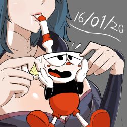 Rule 34 | 1boy, 1girl, blue hair, blush, breasts, byleth (female) (fire emblem), byleth (fire emblem), cleavage, cup, cuphead, cuphead (game), dated, drinking, drinking straw, fire emblem, fire emblem: three houses, gloves, grey background, highres, holding, holding cup, large breasts, lips, long hair, nintendo, octobola, open mouth, sexually suggestive, shorts, straw, super smash bros.