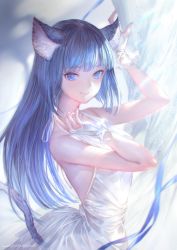 Rule 34 | 1girl, animal ears, artist name, blue eyes, blue hair, blunt bangs, bridal gauntlets, cat ears, cat tail, closed mouth, dress, fingernails, lace, long hair, looking at viewer, nail polish, original, smile, solo, standing, tail, wadanaka, white dress