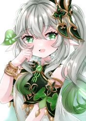 Rule 34 | 1girl, :d, bare shoulders, blush, cape, commentary, cross-shaped pupils, crossed bangs, dress, eyelashes, genshin impact, gradient hair, green cape, green eyes, green hair, green sleeves, grey hair, hair between eyes, hair intakes, hair ornament, hand up, happy, highres, jaku sono, leaf hair ornament, long hair, looking at viewer, multicolored hair, nahida (genshin impact), open mouth, pointy ears, side ponytail, sidelocks, signature, simple background, smile, solo, symbol-shaped pupils, tsurime, upper body, wavy hair, white background, white dress