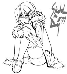 Rule 34 | 1girl, asagiri asagi, boots, crying, crying with eyes open, disgaea, eu03, fur trim, greyscale, hair ornament, hairclip, jacket, knees to chest, hugging own legs, monochrome, nippon ichi, short hair, shorts, solo, tears, thigh boots, thighhighs