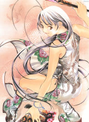 Rule 34 | 1girl, antenna hair, ass, blue nails, boots, bracelet, china dress, chinese clothes, folded fan, dragon, dress, dual wielding, hand fan, floral print, flower, folding fan, from behind, highres, holding, jewelry, long hair, looking back, nail polish, natsume maya, oogure ito, purple eyes, rose, smile, solo, tenjou tenge, thighs, very long hair