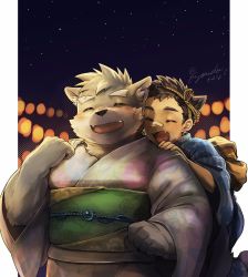 Rule 34 | 2boys, animal ears, animal nose, bandaid, bandaid on face, bandaid on nose, blue kimono, blush, brown fur, brown hair, crossdressing, dog boy, dog ears, closed eyes, fangs, fangs out, furry, furry male, fuyodo, highres, japanese clothes, kimono, male focus, protagonist 1 (housamo), moritaka (housamo), multiple boys, obi, open mouth, orb, pillarboxed, pink kimono, plump, polka dot, sash, scar, scar on face, short hair, sideburns, signature, smile, snout, star (symbol), starry background, thick eyebrows, tokyo houkago summoners, twitter username