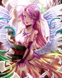 Rule 34 | 1girl, :d, angel wings, book, breasts, commentary, spiked halo, crop top, cross, feathered wings, feathers, gloves, gradient hair, halo, holding, holding book, jibril (no game no life), large breasts, long hair, low wings, magic circle, midriff, multicolored eyes, multicolored hair, no game no life, open mouth, paper, pink hair, purple eyes, sideboob, single thighhigh, smile, solo, symbol-shaped pupils, tattoo, thighhighs, very long hair, wani (fadgrith), white wings, wing ears, wings, yellow eyes