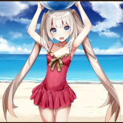 Rule 34 | 1girl, :d, armpits, arms up, ball, beach, beachball, blue eyes, breasts, casual one-piece swimsuit, cleavage, collarbone, cowboy shot, day, fate/grand order, fate (series), floating hair, heavens thunder (byakuya-part2), long hair, marie antoinette (fate), marie antoinette (swimsuit caster) (first ascension) (fate), ocean, one-piece swimsuit, open mouth, outdoors, red one-piece swimsuit, silver hair, sketch, small breasts, smile, solo, standing, swimsuit, twintails, very long hair