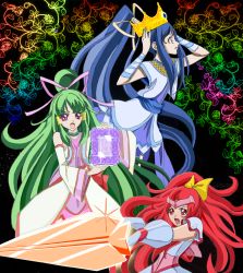 Rule 34 | 3girls, bad id, bad pixiv id, black background, blue eyes, blue hair, crown, cure empress, cure magician, cure priestess, derivative work, dokidoki! precure, floral background, flower, gloves, green hair, highres, long hair, mirror, multiple girls, namiokasougo, open mouth, pink eyes, polearm, ponytail, precure, red eyes, red hair, rose, spear, weapon