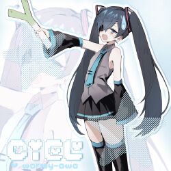 1boy androgynous aqua_necktie aqua_trim artist_name bare_shoulders bishounen black_sleeves black_thighhighs blue_eyes blue_hair character_name ciel_phantomhive cosplay crossdressing dark_blue_hair detached_sleeves eyepatch grey_shirt hair_between_eyes halftone hatsune_miku hatsune_miku_(cosplay) highres jitome kuroshitsuji looking_at_viewer male_focus necktie open_mouth outline shirt sleeveless sleeveless_shirt solo star_(symbol) sweatdrop thick_outlines thighhighs tie_clip trap twintails vocaloid white_outline wormy_owo zoom_layer