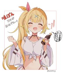 Rule 34 | 1girl, black choker, blonde hair, blue hair, blue nails, blush, bottle, breasts, choker, closed eyes, drink, facing viewer, h (eitilog), hair ornament, hair ribbon, hands up, highres, holding, holding bottle, holding drink, hoshikawa sara, hoshikawa sara (1st costume), jacket, long hair, long sleeves, medium breasts, multicolored hair, multicolored nails, nail polish, navel, nijisanji, off shoulder, open clothes, open jacket, open mouth, pink nails, red ribbon, ribbon, side ponytail, sidelocks, simple background, smile, solo, speech bubble, streaked hair, tank top, translation request, twitter username, upper body, very long hair, virtual youtuber, white background, white jacket, white tank top, wide sleeves, x hair ornament, yellow ribbon