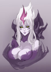 Rule 34 | 1girl, absurdres, bare shoulders, black sclera, breasts, cleavage, colored sclera, demon girl, evelynn (league of legends), facial mark, gradient background, hair between eyes, highres, league of legends, lipstick, makeup, medium hair, multicolored hair, nsoll, parted lips, purple hair, purple lips, sketch, slit pupils, solo, upper body, white hair, yellow eyes