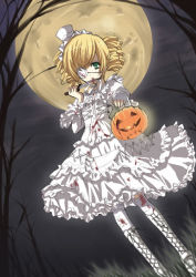 Rule 34 | 1girl, autumn, bare tree, blonde hair, blood, blood on clothes, boots, cross-laced footwear, dagger, dot nose, dress, drill hair, dutch angle, expressionless, eyepatch, feet out of frame, female focus, from below, full moon, gothic lolita, green eyes, halloween, jack-o&#039;-lantern, knife, lace-up boots, legs apart, licking, lolita fashion, looking at viewer, moon, night, outdoors, pumpkin, short hair, solo, standing, tareme, tongue, tongue out, tree, vampire, weapon, white dress, yukiwo