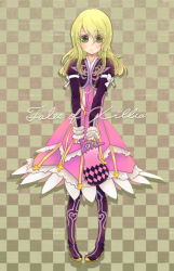 Rule 34 | 1girl, blonde hair, boots, checkered background, copyright name, cropped jacket, dress, elize lutus, full body, green eyes, long hair, manami (mana 3), purple footwear, tales of (series), tales of xillia, teepo (tales)
