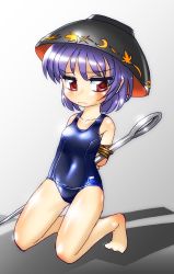 Rule 34 | 1girl, blush, bound, bowl, needle, one-piece swimsuit, purple hair, rope, school swimsuit, shiny clothes, solo, sukuna shinmyoumaru, swimsuit, tied up (nonsexual), touhou, winn