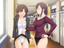 Rule 34 | 2girls, angry, assisted exposure, blush, breasts, brown hair, cleavage, clothes lift, closed eyes, game cg, hallway, indoors, koi to mizugi to taiyo to, large breasts, multiple girls, one eye closed, open mouth, panties, pantyshot, pov, purple hair, school, school uniform, short hair, skirt, skirt lift, smile, surprised, teacher, teacher and student, underwear, wink