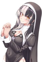 Rule 34 | 1girl, absurdres, black hair, black nails, blush, breasts, cleavage, covered navel, dress, garter straps, grey hair, habit, hair ornament, highres, hololive, hololive english, large breasts, long hair, looking at viewer, mmneko, multicolored hair, nun, own hands together, praying, shiori novella, smile, solo, split-color hair, two-tone hair, virtual youtuber, yellow eyes