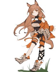 Rule 34 | 1girl, absurdres, animal ears, arknights, black collar, boots, brown hair, brown shirt, ceobe (arknights), ceobe (summer flowers) (arknights), collar, dog ears, dog girl, full body, highres, jacket, long hair, off shoulder, official alternate costume, orange eyes, orange jacket, orange shorts, pouch, ptyynghere, shirt, shorts, simple background, solo, standing, standing on one leg, white background, white footwear