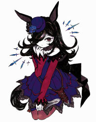 Rule 34 | 1girl, animal ears, black hair, bow, dagger, dress, expressionless, flower, hair flower, hair ornament, hair over one eye, hand to own mouth, hat, highres, holding, holding dagger, holding knife, holding weapon, horse ears, horse tail, kneeling, knife, lace trim, long hair, long sleeves, looking at viewer, off-shoulder dress, off shoulder, pink eyes, purple dress, rice shower (umamusume), solo, tail, tilted headwear, umamusume, weapon, yamakita higashi
