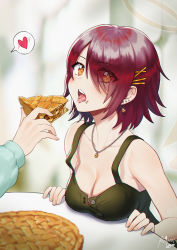 Rule 34 | 1girl, alternate costume, apple pie, arknights, blush, breasts, cleavage, crumbs, ear piercing, eating, exusiai (arknights), eyes visible through hair, food, food on face, glint, green shirt, hair over one eye, heart, highres, jewelry, necklace, noixen, orange eyes, pie, piercing, red hair, shirt, short hair, sitting, solo, solo focus, spoken heart, table, tank top, tongue, tongue out, unbuttoned