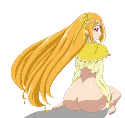Rule 34 | 10s, 1girl, ammonite, ass, barefoot, bottomless, cure muse, female focus, full body, huge ass, long hair, looking back, orange hair, pink eyes, precure, shirabe ako, sitting, solo, suite precure, torn clothes, white background
