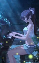 Rule 34 | 1girl, absurdres, baek hyang, bare arms, bare shoulders, black hair, blue shorts, bow, breasts, camisole, crazy ones, crop top, crop top overhang, denim, denim shorts, expressionless, fireflies, from side, grand piano, green eyes, hair bow, highres, instrument, light rays, looking down, medium breasts, midriff, music, navel, night, official art, piano, playing instrument, playing piano, ponytail, shirt, short shorts, shorts, sitting, sleeveless, sleeveless shirt, solo, spaghetti strap, stomach, thighs, white shirt