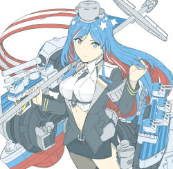 Rule 34 | 1girl, american flag, black skirt, blue hair, breasts, closed mouth, grey eyes, highres, kantai collection, large breasts, long hair, long sleeves, machinery, multicolored hair, ninimo nimo, pencil skirt, red hair, rigging, simple background, skirt, solo, south dakota (kancolle), star (symbol), turret, white background