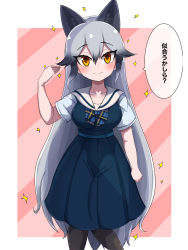 Rule 34 | 1girl, animal ears, aramaru, black hair, black pantyhose, blue bow, blue bowtie, blue dress, border, bow, bowtie, casual, closed mouth, commentary, diagonal stripes, dress, fox ears, fox tail, highres, kemono friends, long hair, looking at viewer, medium dress, multicolored hair, orange eyes, outside border, pantyhose, pink background, sailor collar, short sleeves, silver fox (kemono friends), silver hair, smile, solo, sparkle, standing, striped, tail, translated, very long hair, white border