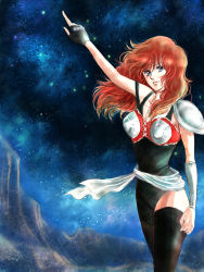Rule 34 | 1girl, aquila marin, armor, asymmetrical clothes, black thighhighs, blue eyes, boots, breastplate, breasts, cleavage, leotard, long hair, mask, unworn mask, night, night sky, no mask, pointing, pointing up, red hair, saint seiya, sky, smile, star (sky), star (symbol), tagme, thighhighs, yukki (rffcq251)