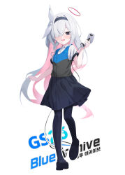Rule 34 | 1girl, absurdres, barcode scanner, black eyes, black footwear, black hairband, black pantyhose, black skirt, blue archive, blush, collared shirt, colored inner hair, full body, grey hair, hair over one eye, hairband, halo, highres, kmp (kenma pro), long hair, multicolored hair, open mouth, pantyhose, pink hair, plana (blue archive), pleated skirt, red halo, shirt, shoes, short sleeves, simple background, skirt, smile, solo, white background, white shirt