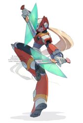 Rule 34 | 1boy, absurdres, android, armor, blonde hair, blue eyes, forehead jewel, from behind, full body, hand fan, highres, holding, holding fan, long hair, looking at viewer, looking back, mega man (series), mega man x8, mega man x (series), ponytail, red armor, red helmet, shoulder armor, simple background, solo, standing, standing on one leg, tanaka (is2 p), transparent fan, war fan, white background, zero (mega man)