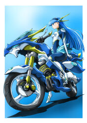 1girl blue_bodysuit blue_eyes blue_hair blue_hairband blue_skirt bodysuit ceres_(rayearth) hairband highres long_hair magic_knight_rayearth mashin motor_vehicle motorcycle on_motorcycle riding ryuuzaki_umi skirt smile solo taiga_hiroyuki