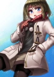 Rule 34 | 10s, 1girl, absurdres, alternate costume, blue eyes, breath, brown hair, from below, gloves, hair ornament, hairclip, hand in pocket, highres, ise dango, jacket, kantai collection, maya (kancolle), open mouth, pantyhose, scarf, shorts, solo