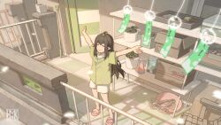 Rule 34 | 1girl, absurdres, ahoge, balcony, black hair, blurry, box, cardboard box, chinese commentary, closed eyes, closed mouth, clothes hanger, collared shirt, commentary, depth of field, door, elf, facing viewer, flower pot, full body, green shirt, highres, hua ming wink, long hair, original, outstretched arms, pink footwear, plant, pointy ears, potted plant, sandals, shirt, short sleeves, shorts, smile, standing, sunlight, white shorts