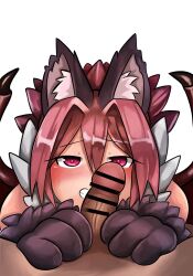 Rule 34 | 1boy, 1girl, animal ear fluff, animal ears, animal hands, bat wings, gashiwataex378, heart, heart-shaped pupils, hetero, highres, looking at viewer, manticore (monster girl encyclopedia), monster girl, monster girl encyclopedia, oral, penis, pink hair, pov, symbol-shaped pupils, white background, wings