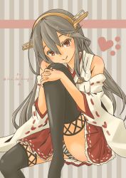 Rule 34 | 1girl, absurdres, anniversary, artist name, bare shoulders, black footwear, boots, brown eyes, commentary request, detached sleeves, grey hair, hair between eyes, hair ornament, hairclip, haruna (kancolle), headgear, heart, highres, kantai collection, long hair, looking at viewer, nontraditional miko, panties, pantyshot, pot-de, red skirt, sitting, skirt, smile, solo, striped clothes, striped panties, thigh boots, thighhighs, twitter username, underwear