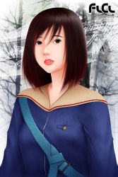 Rule 34 | 00s, 1girl, badge, breasts, brown eyes, brown hair, buttons, flcl, gainax, japanese building, looking at viewer, monochrome, open mouth, realistic, red lips, samejima mamimi, school uniform, short hair, solo, spot color, strap, title, tree