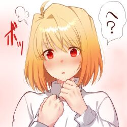 Rule 34 | 1girl, ?, ahoge, arcueid brunestud, blonde hair, blush, clenched hands, hands up, highres, nachiku, parted lips, red eyes, short hair, simple background, single hair intake, solo, speech bubble, sweat, sweater, tareme, translation request, tsukihime, white sweater