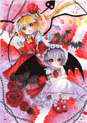 Rule 34 | 2girls, ascot, bat (animal), bat wings, blonde hair, blue hair, chain, colored pencil (medium), dress, fang, flandre scarlet, hat, hat ribbon, highres, laevatein, mary janes, mob cap, mosho, multiple girls, open mouth, painting (medium), puffy short sleeves, puffy sleeves, red eyes, remilia scarlet, ribbon, sash, shirt, shoes, short sleeves, siblings, side ponytail, silver hair, sisters, skirt, skirt set, smile, squatting, touhou, traditional media, vest, watercolor (medium), white dress, wings