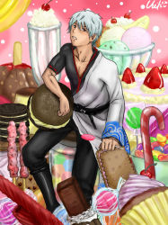 Rule 34 | 1boy, bad id, bad pixiv id, blue hair, boots, bottle, cake, cakes, candy, cygnetzzz, food, fruit, gintama, male focus, open clothes, open shirt, polka dot, red eyes, sakata gintoki, shirt, sitting, solo, strawberry, sweets, white hair