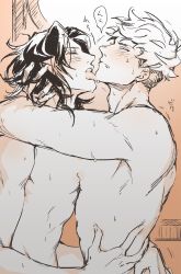 Rule 34 | 2boys, black hair, blush, closed eyes, completely nude, granblue fantasy, greyscale with colored background, hand in another&#039;s hair, kishiyama, lancelot (granblue fantasy), licking, licking another&#039;s face, male focus, motion lines, multiple boys, nipples, nude, sepia, speech bubble, sweat, teeth, tongue, tongue out, vane (granblue fantasy), yaoi
