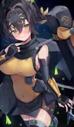 Rule 34 | 1girl, absurdres, adjusting scarf, bag, bare shoulders, black hair, blonde hair, breasts, colored tips, commission, covered navel, digital dissolve, duel monster, elbow gloves, fingerless gloves, gloves, green eyes, headband, highres, holding, holding weapon, kunai, kuroshiro kanae, large breasts, multicolored hair, ponytail, s-force rappa chiyomaru, s:p little knight, scarf, short shorts, shorts, skeb commission, solo, weapon, yu-gi-oh!