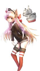 Rule 34 | 10s, 1girl, amatsukaze (kancolle), asymmetrical gloves, black shirt, brown eyes, deluxe&lt;&lt;&lt;, dress shirt, garter straps, gloves, hair ornament, hand on own ass, highres, kantai collection, kantail collection, long hair, looking at viewer, red thighhighs, rensouhou-kun, shirt, silver hair, simple background, solo, thighhighs, two side up, uneven gloves, white background, white gloves