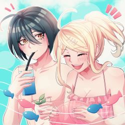 Rule 34 | 1boy, 1girl, :d, ahoge, akamatsu kaede, bare arms, bare shoulders, bikini, blonde hair, blush, breasts, brown eyes, cheer (cheerpuppy14), cleavage, closed eyes, collarbone, commentary, cup, danganronpa (series), danganronpa v3: killing harmony, day, drinking straw, fish, fortissimo, frills, glass, hair between eyes, hair ornament, highres, holding, holding cup, musical note, musical note hair ornament, open mouth, outdoors, pink bikini, ponytail, saihara shuichi, short hair, smile, swimsuit, teeth, upper teeth only