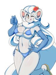 Rule 34 | 1girl, :p, bikini, blue bikini, blue dress, blue gloves, blush, breasts, cinccina (lucyfer), cinccino, cleavage, creatures (company), curvy, dress, elbow gloves, flower, flower on head, furry, furry female, game freak, gen 5 pokemon, gloves, hand on own hip, highres, large breasts, long hair, lucyfer, naughty face, navel, nintendo, open mouth, personification, pokemon, side-tie bikini bottom, simple background, solo, swimsuit, thong, thong bikini, tongue, tongue out, very long hair, white background, white hair, wide hips