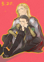 Rule 34 | 2boys, animification, armor, avengers (series), black hair, blonde hair, blue eyes, boots, cape, facial hair, green eyes, height difference, highres, loki (marvel), male focus, marvel, marvel cinematic universe, multiple boys, size difference, stubble, thor (marvel), yway1101
