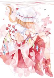 Rule 34 | 1girl, absurdres, ascot, back cutout, bare back, bare shoulders, blonde hair, bow, clothing cutout, commentary request, crystal, flandre scarlet, frilled shirt collar, frills, from behind, full body, hat, hat bow, high heels, highres, knees up, long hair, miniskirt, mob cap, moko (mokochisa), nail polish, one side up, own hands together, puffy short sleeves, puffy sleeves, red bow, red footwear, red nails, red skirt, red vest, shirt, short sleeves, shoulder cutout, sitting, skirt, skirt set, solo, steepled fingers, thighs, touhou, vest, white background, white hat, white shirt, wings, yellow ascot